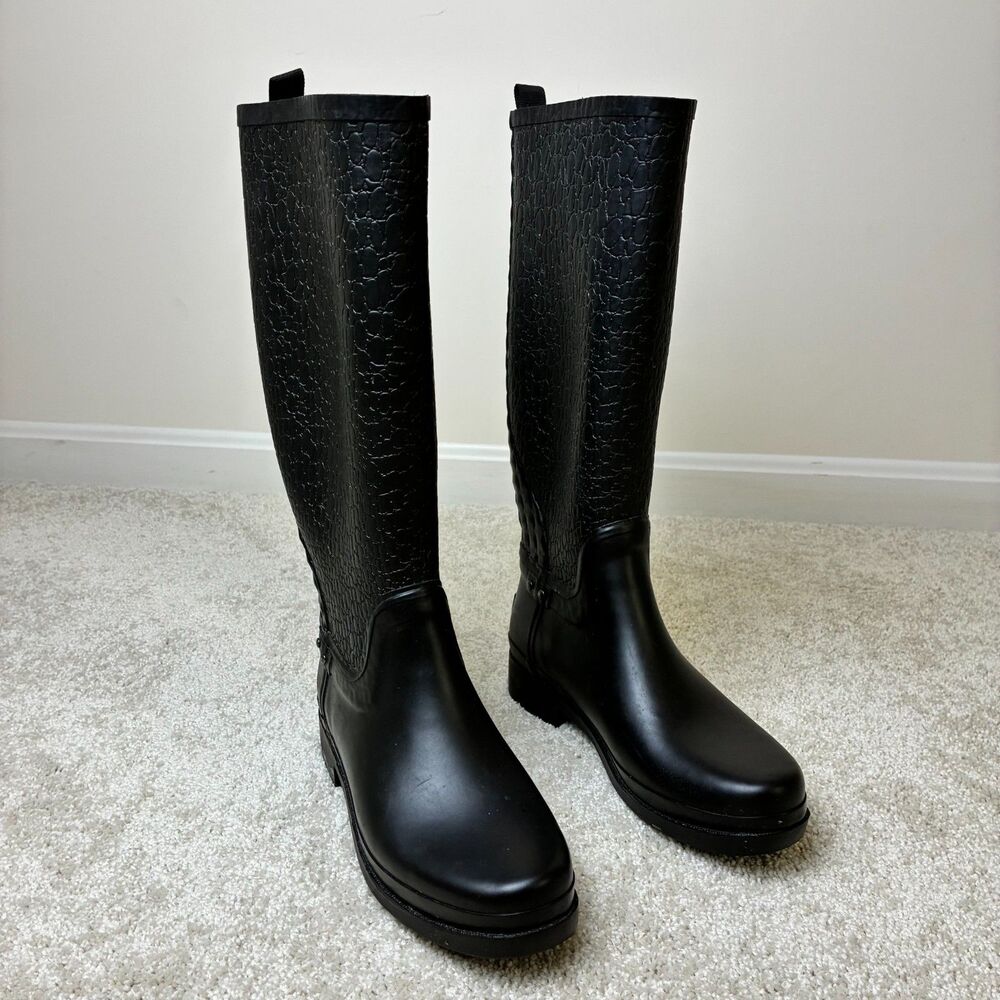 Kenneth Cole Midnight Rain Black Rubber Tall Boots Croc Embossed Size 7